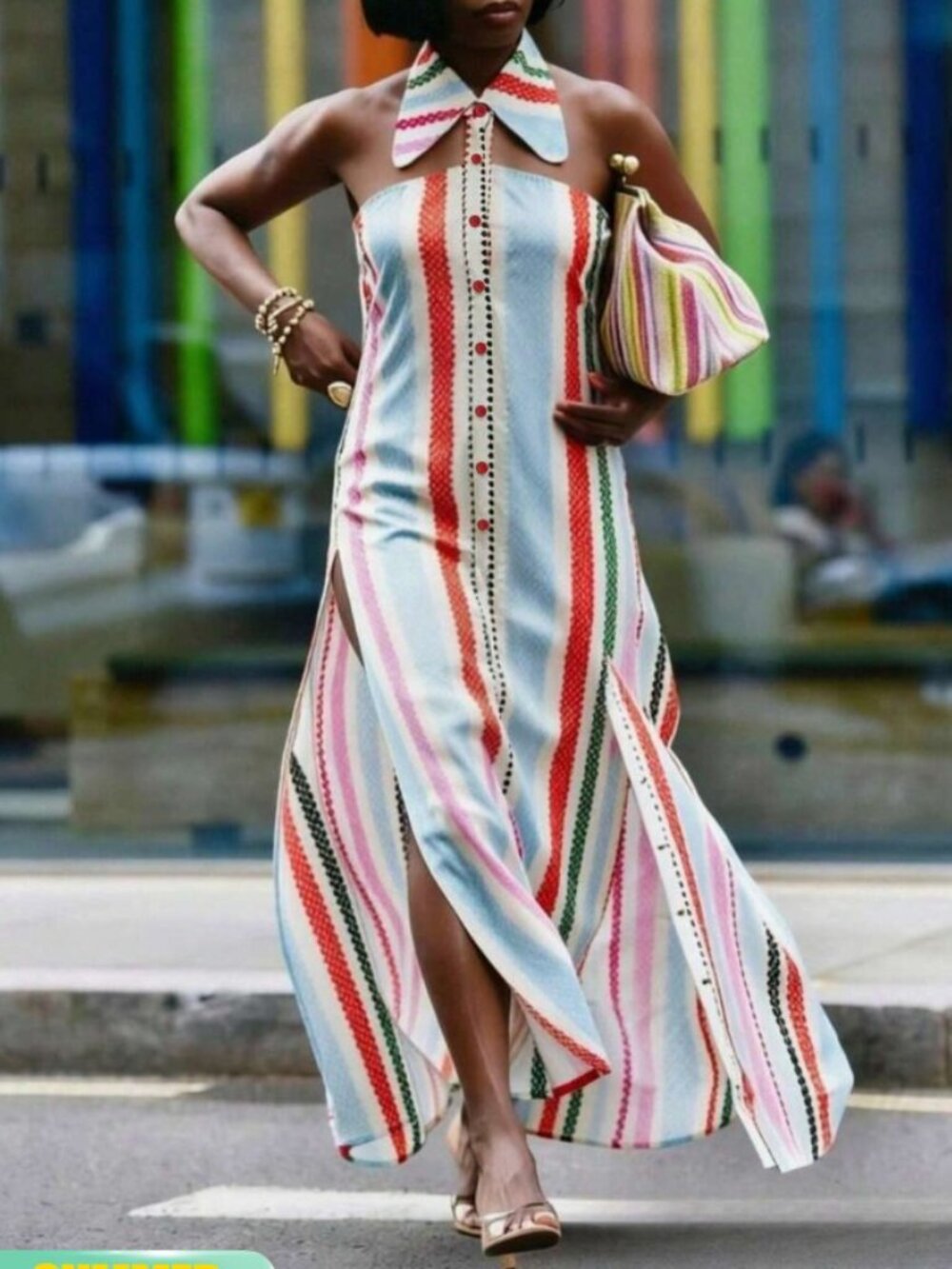 Women's Urban Striped Front Slit Collared Maxi Dress